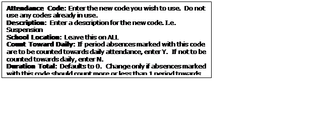 Text Box: Attendance Code: Enter the new code you wish to use. Do not use any codes already in use.
Description: Enter a description for the new code. I.e. Suspension
School Location: Leave this on ALL
Count Toward Daily: If period absences marked with this code are to be counted towards daily attendance, enter Y. If not to be counted towards daily, enter N.
Duration Total: Defaults to 0. Change only if absences marked with this code should count more or less than 1 period towards daily attendance.
Text Box: Attendance Code: Enter the new code you wish to use. Do not use any codes already in use.
Description: Enter a description for the new code. I.e. Suspension
School Location: Leave this on ALL
Count Toward Daily: If period absences marked with this code are to be counted towards daily attendance, enter Y. If not to be counted towards daily, enter N.
Duration Total: Defaults to 0. Change only if absences marked with this code should count more or less than 1 period towards daily attendance.