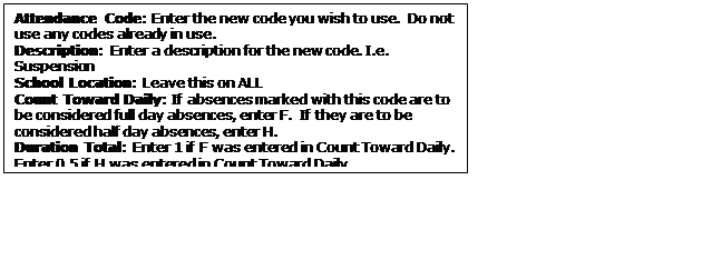 Text Box: Attendance Code: Enter the new code you wish to use. Do not use any codes already in use.
Description: Enter a description for the new code. I.e. Suspension
School Location: Leave this on ALL
Count Toward Daily: If absences marked with this code are to be considered full day absences, enter F. If they are to be considered half day absences, enter H.
Duration Total: Enter 1 if F was entered in Count Toward Daily. Enter 0.5 if H was entered in Count Toward Daily.
Text Box: Attendance Code: Enter the new code you wish to use. Do not use any codes already in use.
Description: Enter a description for the new code. I.e. Suspension
School Location: Leave this on ALL
Count Toward Daily: If absences marked with this code are to be considered full day absences, enter F. If they are to be considered half day absences, enter H.
Duration Total: Enter 1 if F was entered in Count Toward Daily. Enter 0.5 if H was entered in Count Toward Daily.