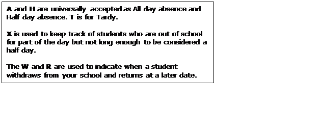 Text Box: A and H are universally accepted as All day absence and Half day absence. T is for Tardy.

X is used to keep track of students who are out of school for part of the day but not long enough to be considered a half day. 

The W and R are used to indicate when a student withdraws from your school and returns at a later date.

