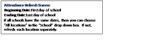 Text Box: Attendance Refresh Screen:
Beginning Date: First day of school
Ending Date: Last day of school
If all schools have the same dates, then you can choose “All locations” in the “School” drop down box.  If not, refresh each location separately.
